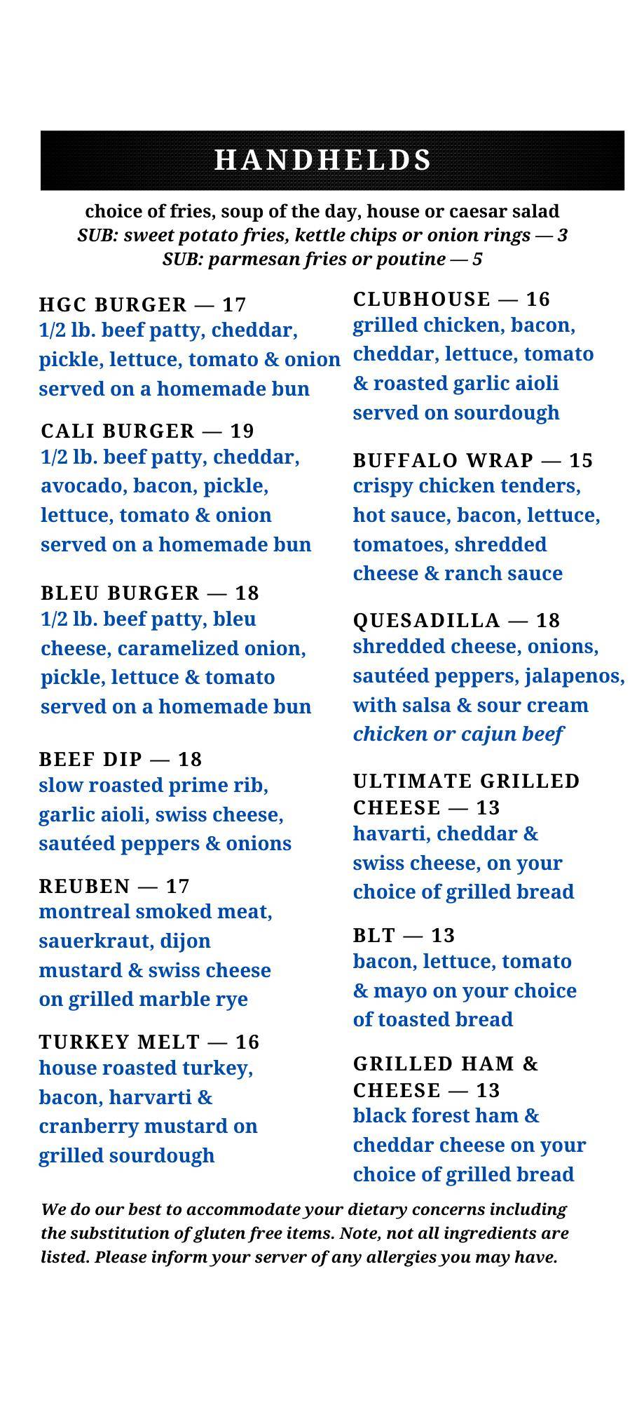 Menu at Highlands Golf Club, Edmonton