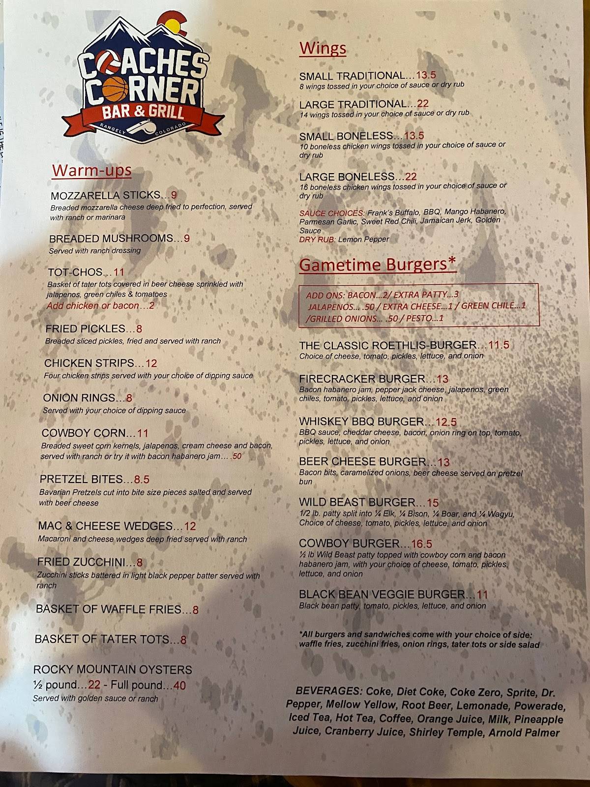 Menu at Coaches Corner Bar and Grill, Rangely
