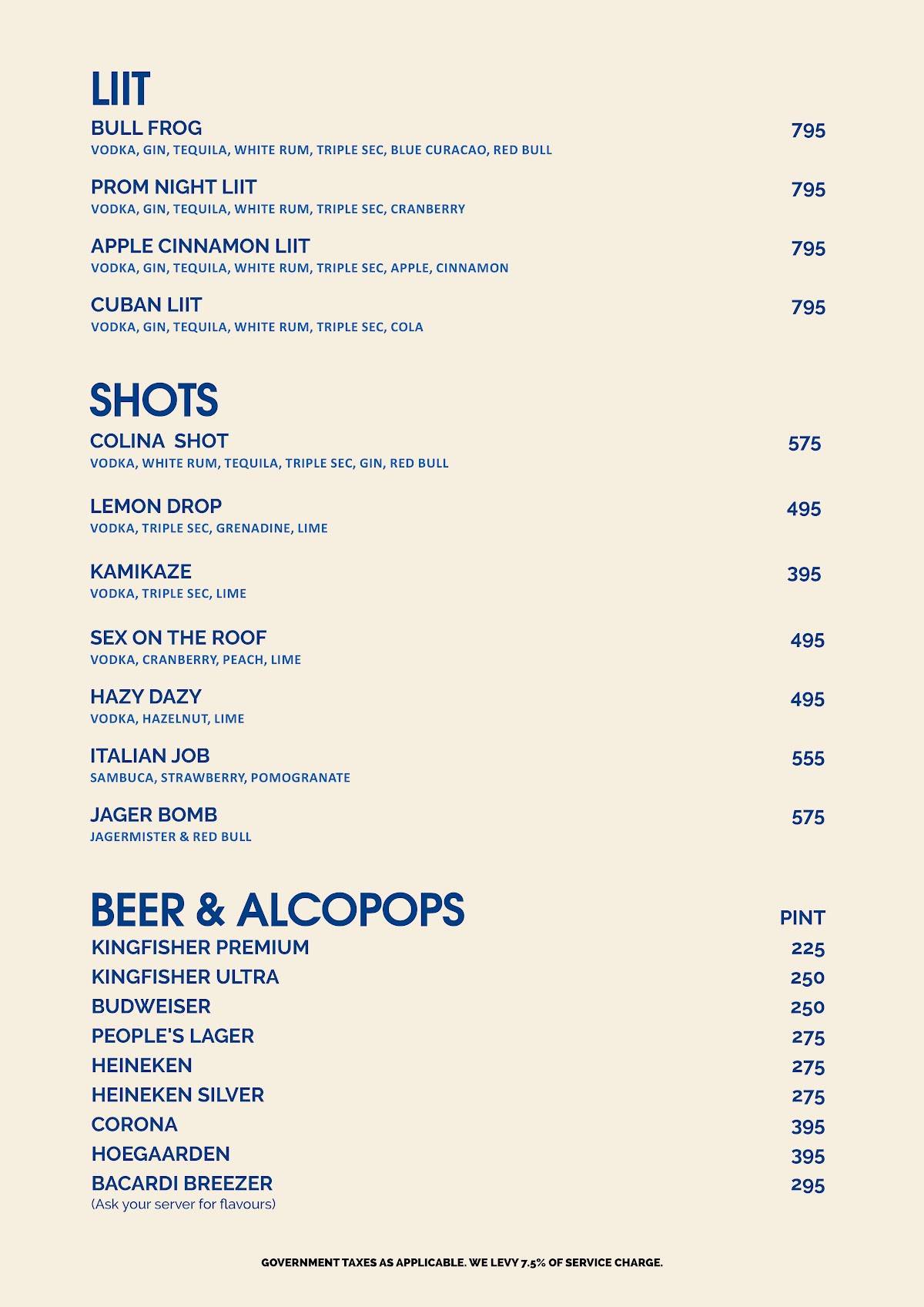 Colina Cafe & Bar menu