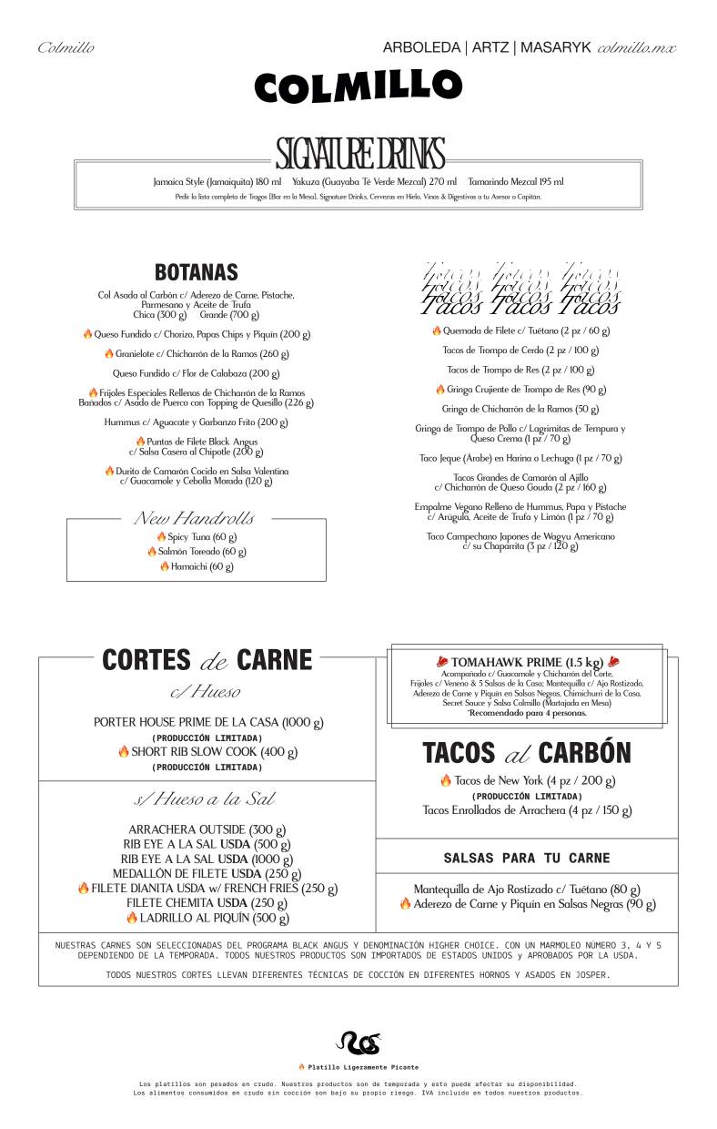 Carta del restaurante Colmillo Masaryk, Ciudad del México