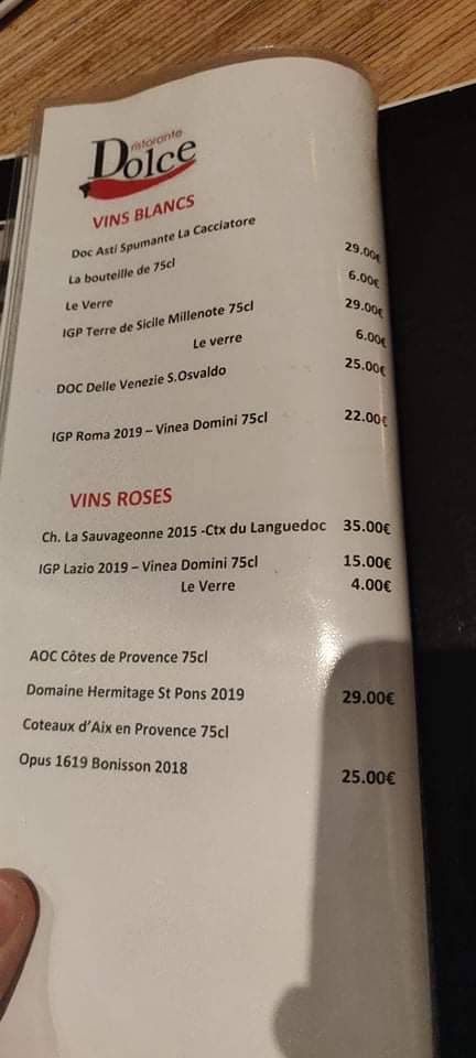 Menu de Come Prima Lille
