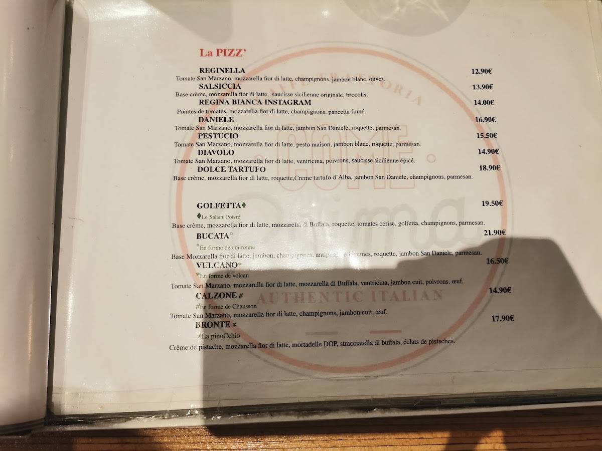 Menu de Come Prima Lille