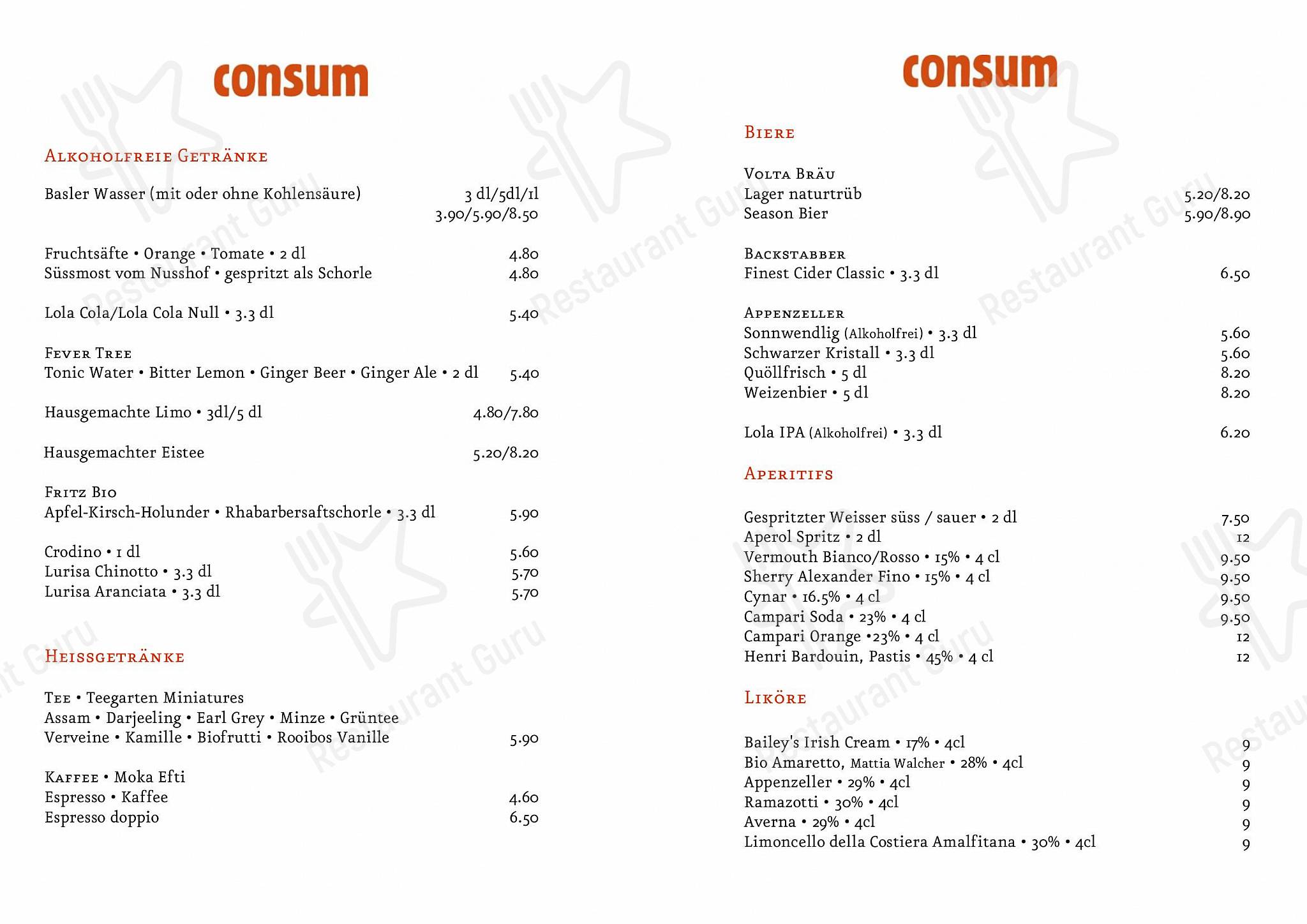 Consum Weinbar in Basilea - Основное меню