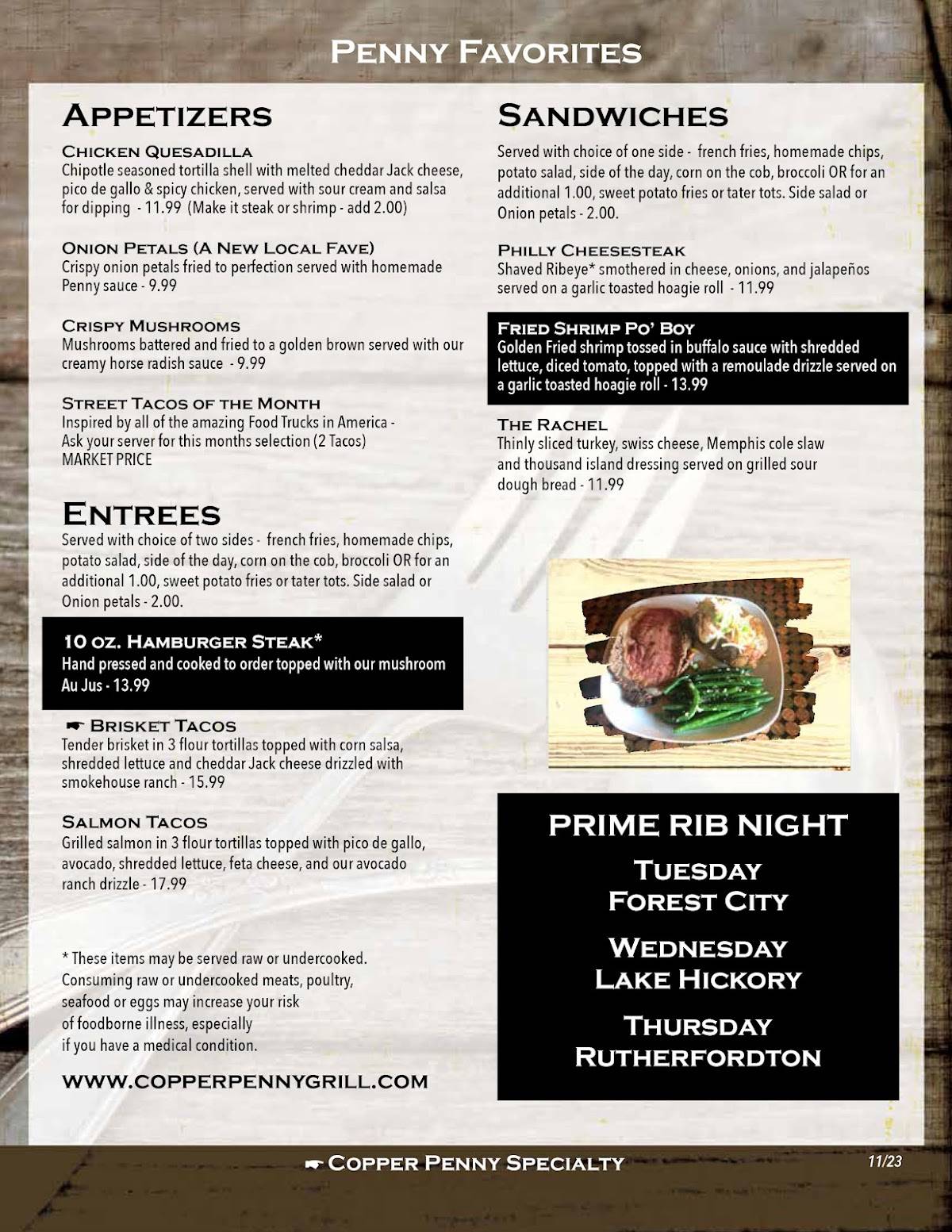 Menu at Copper Penny Grill restaurant, Rhodhiss