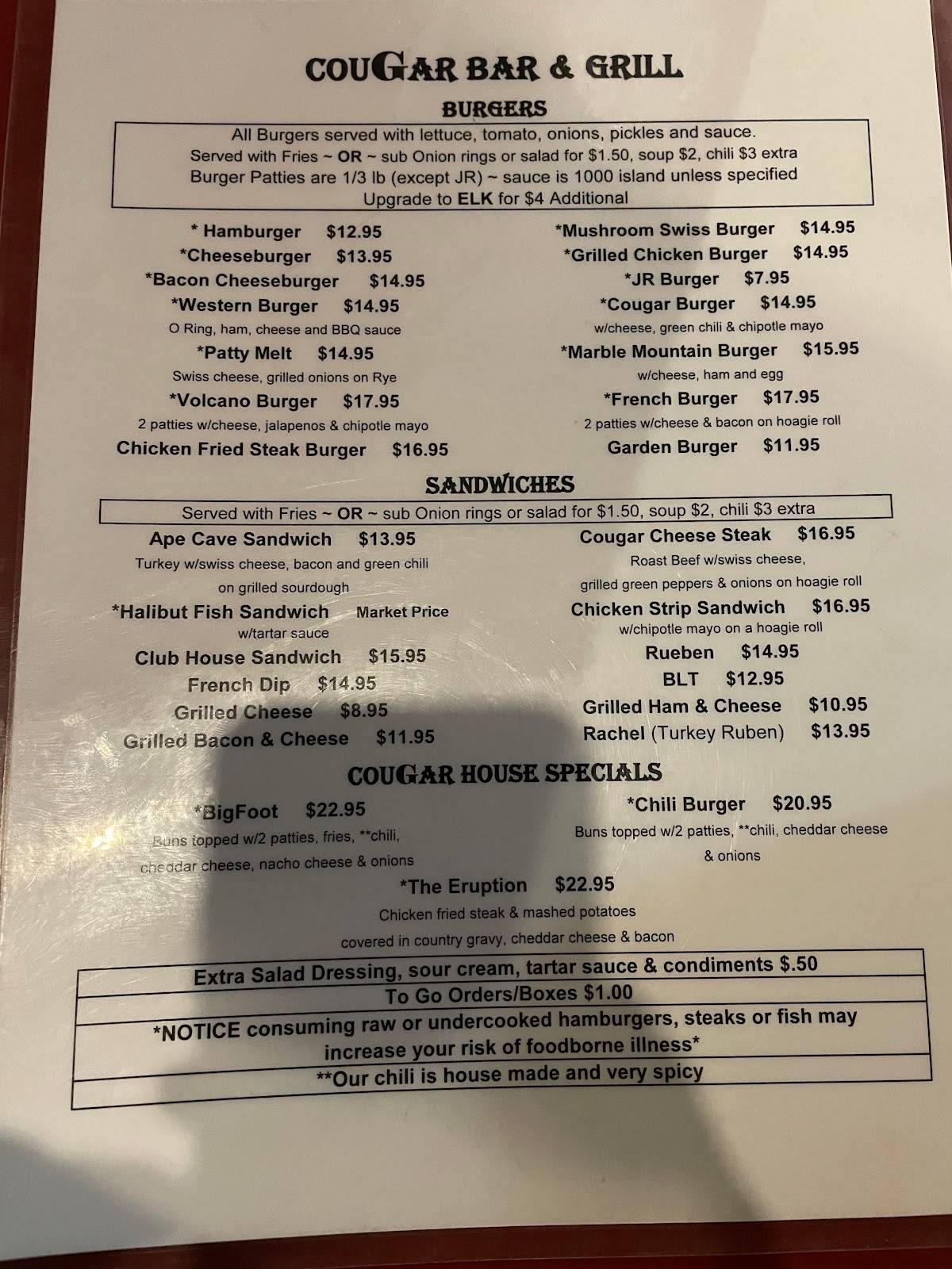 Menu at Cougar Bar & Grill, Cougar