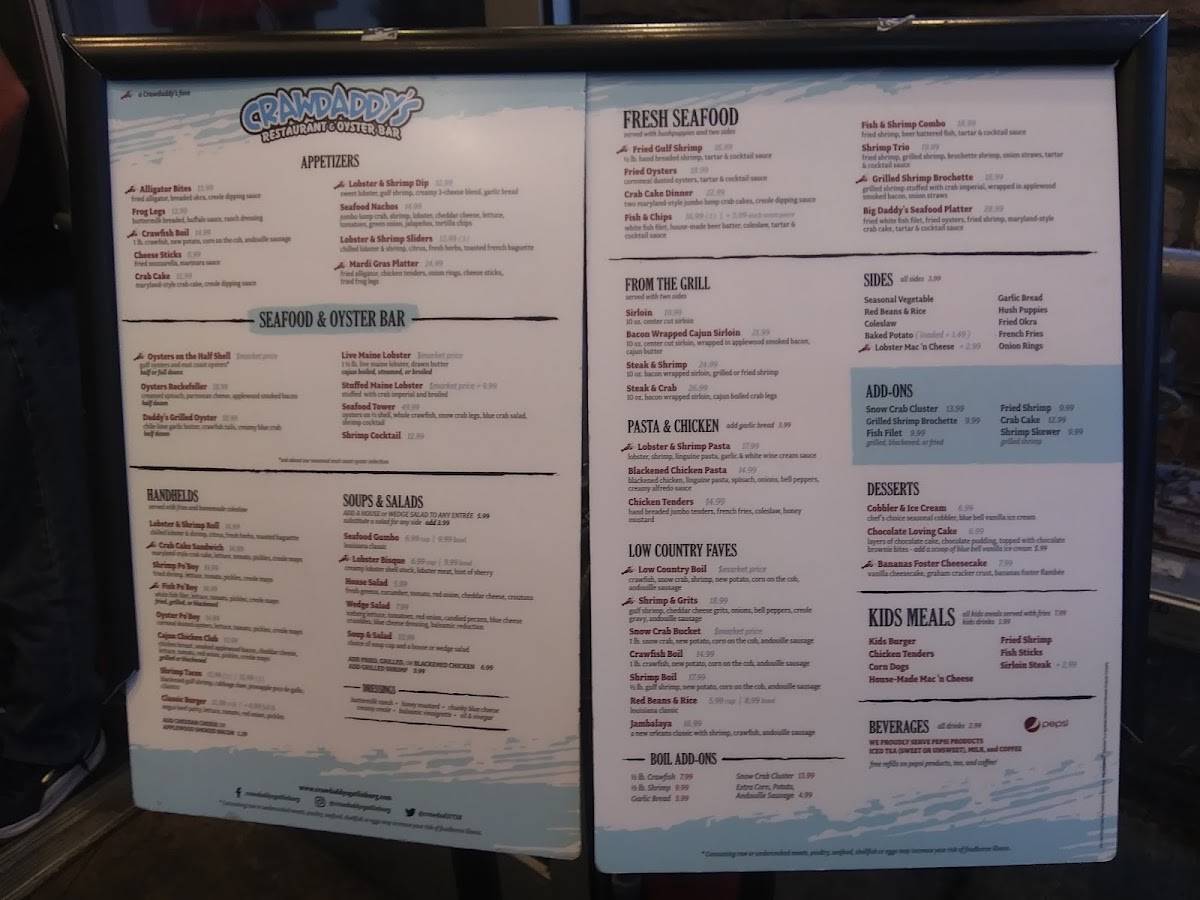 Menu at Crawdaddy’s Restaurant & Oyster Bar, Gatlinburg, 762 Parkway 5