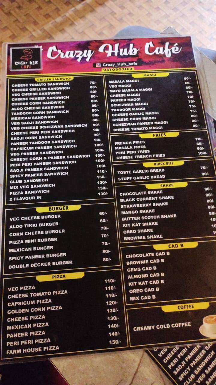 Crazy Hub Cafe( Private AC Dining available) menu