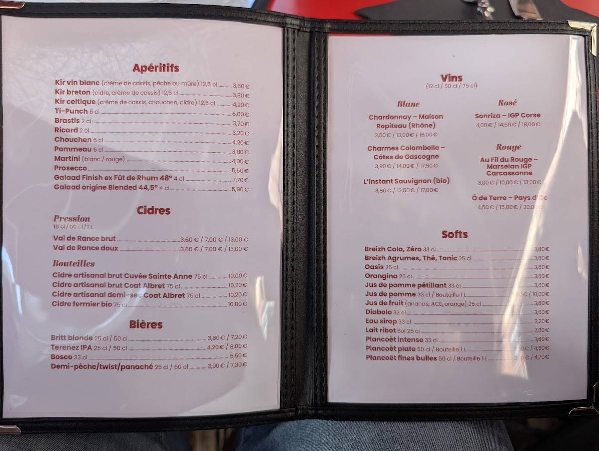 Menu de Crêperie Sainte-Anne Rennes
