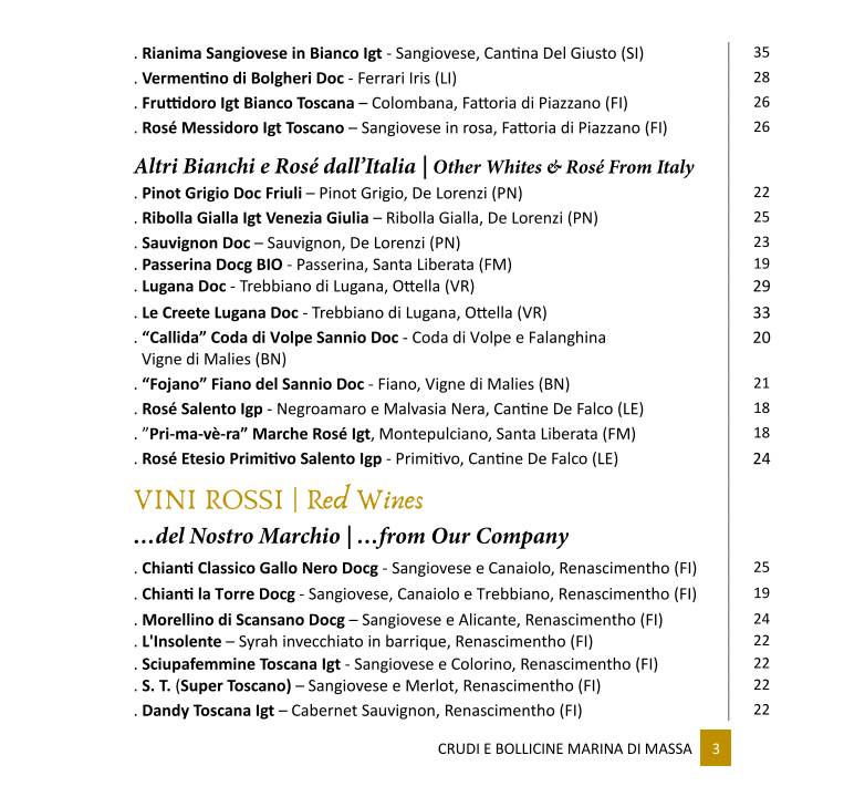 Menu di Crudi e Bollicine Marina di Massa 