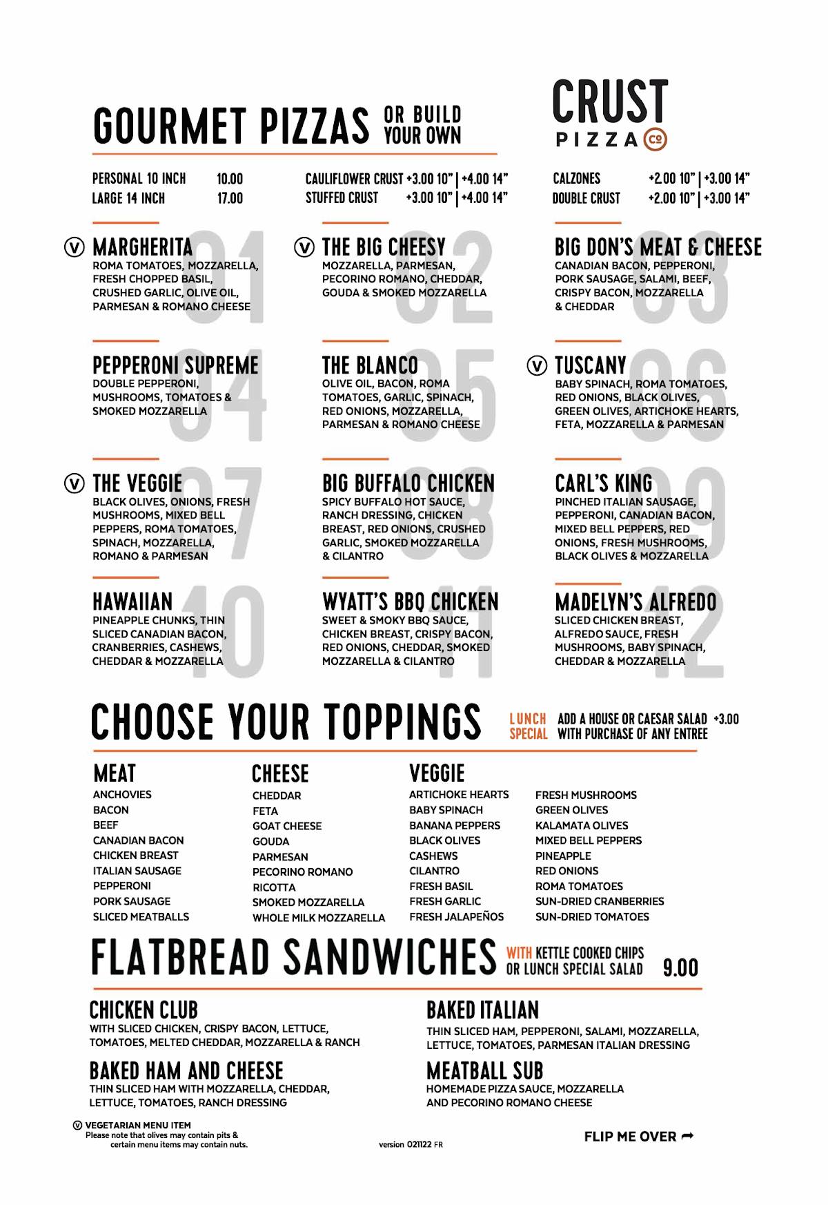 Menu at Crust Pizza Co. Lake Charles pub & bar, Lake Charles