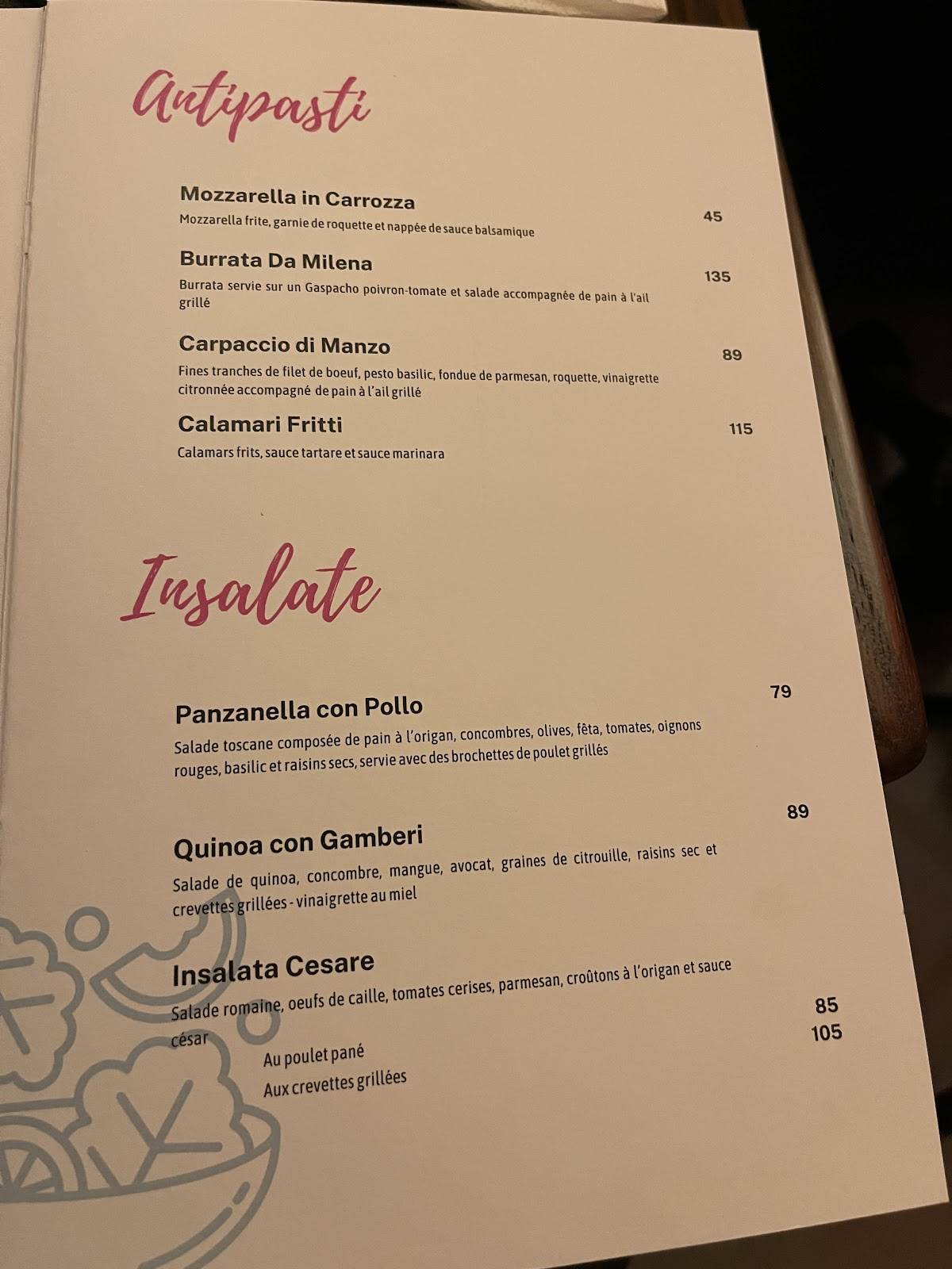 Menu de Da Milena