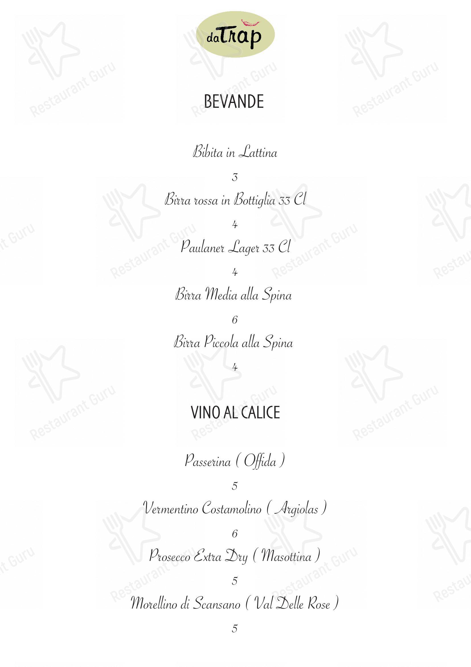 Menu bar per Ristorante Pizzeria da Trap ristorante