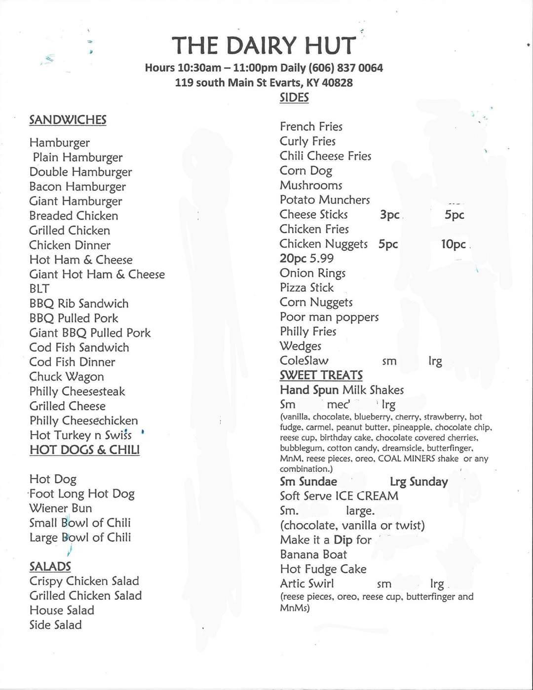 Menu at Dairy Hut restaurant, Evarts, 119 S Main St