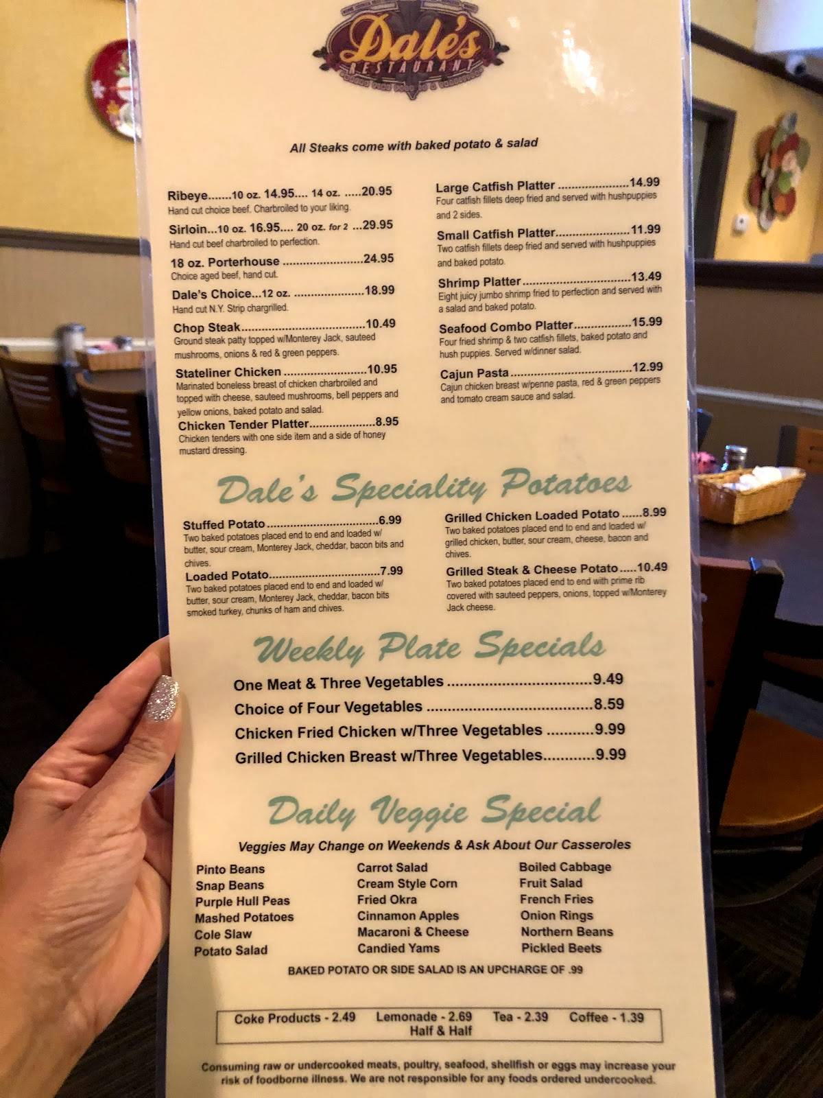 Menu at Dale's restaurant, Southaven