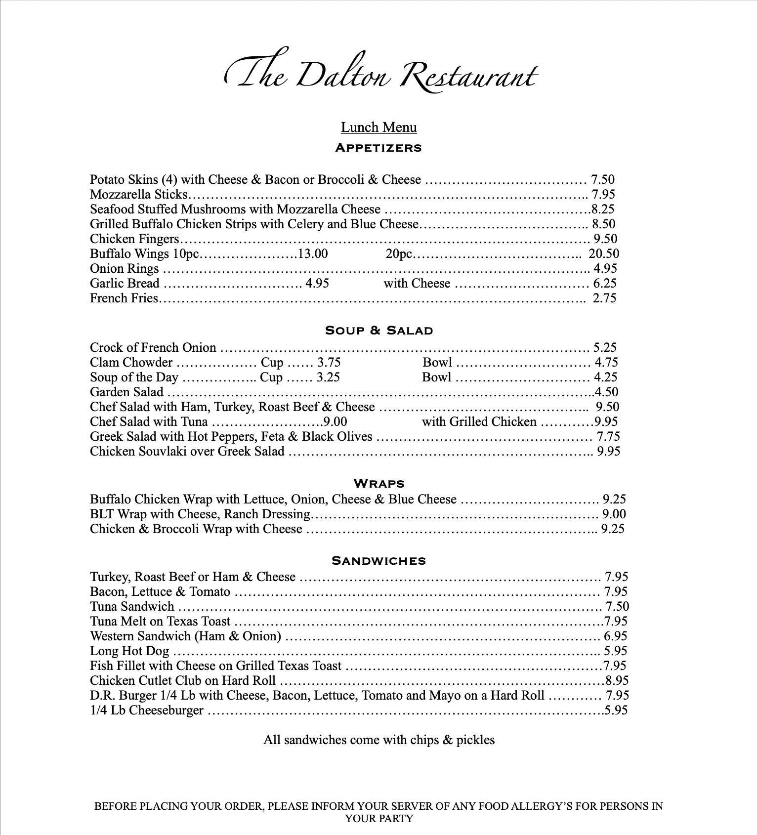 Menu at Dalton Restaurant, Dalton
