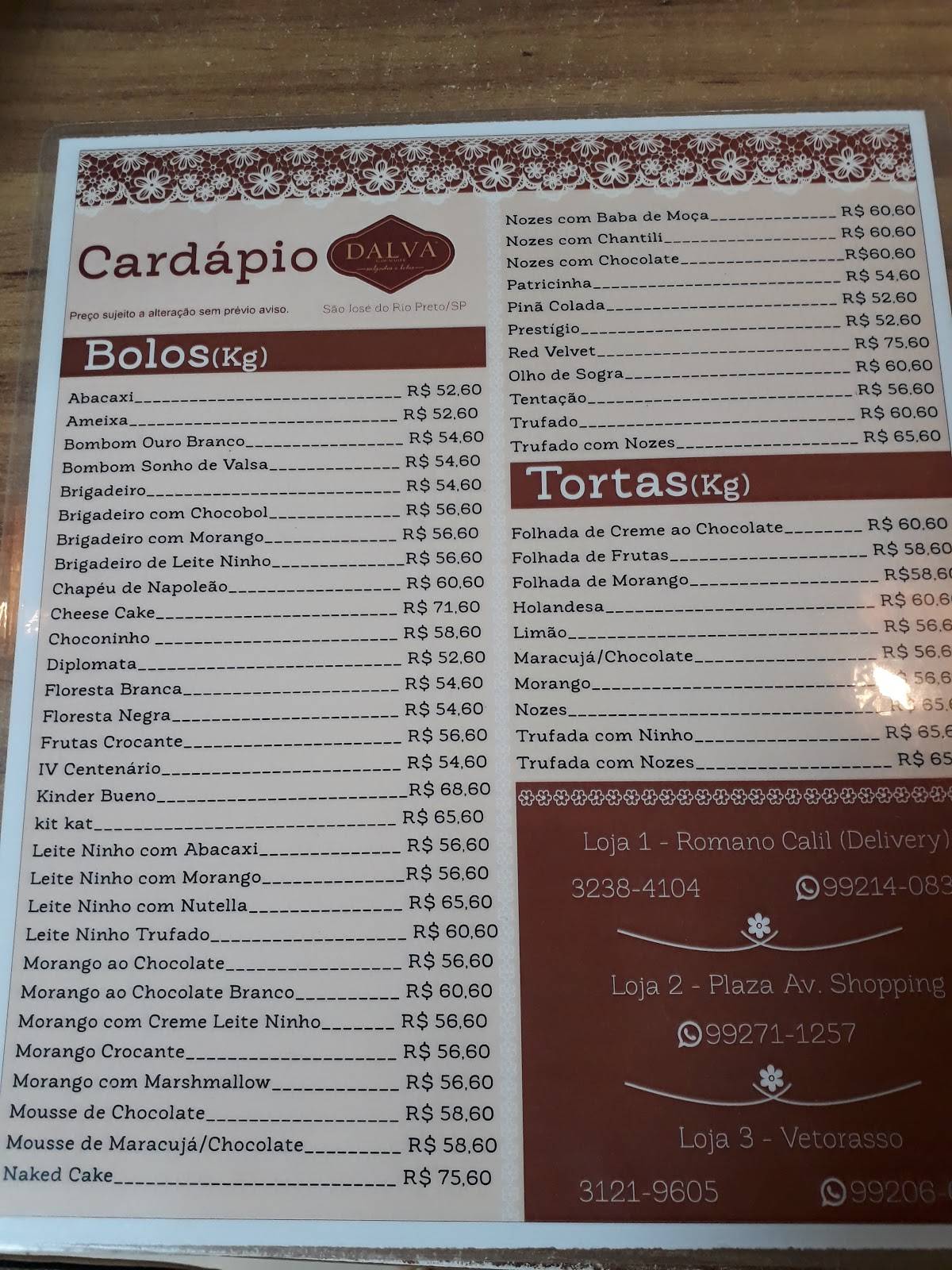 Dalva Salgados e Bolos cardápio