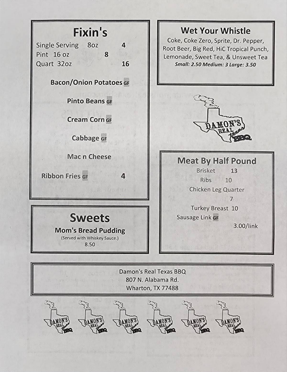 Menu at Damon's Real Texas BBQ, Wharton