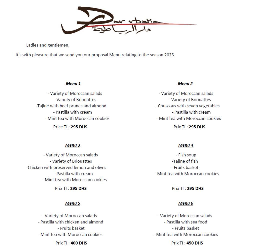 Menu de Dar Rbatia (Moroccan Restaurant)