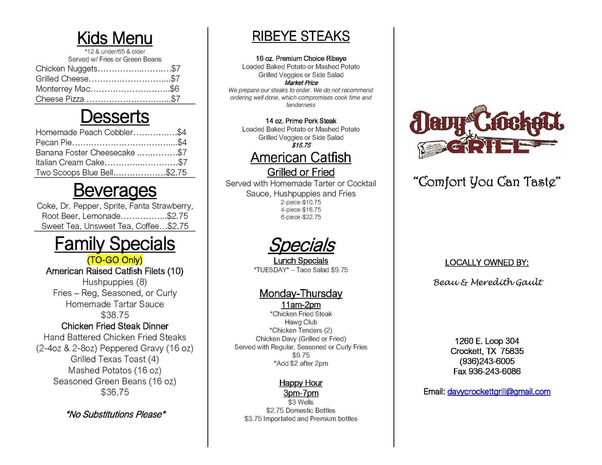 Menu At Davy Crockett Grill Pub Bar Crockett