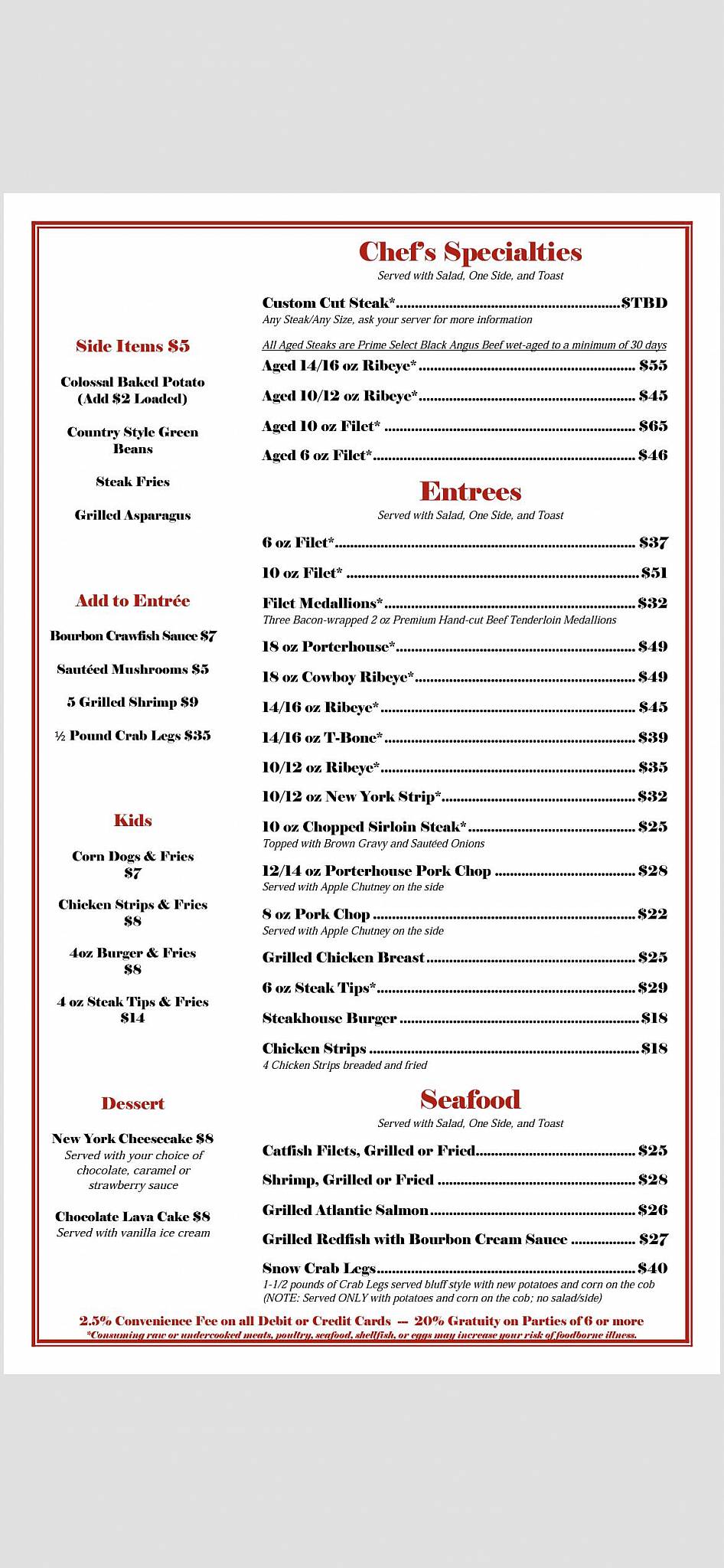 Menu at Delta Steakhouse, Senatobia