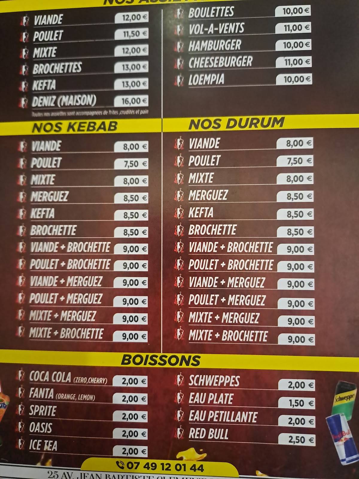 Menu de Deniz kebab