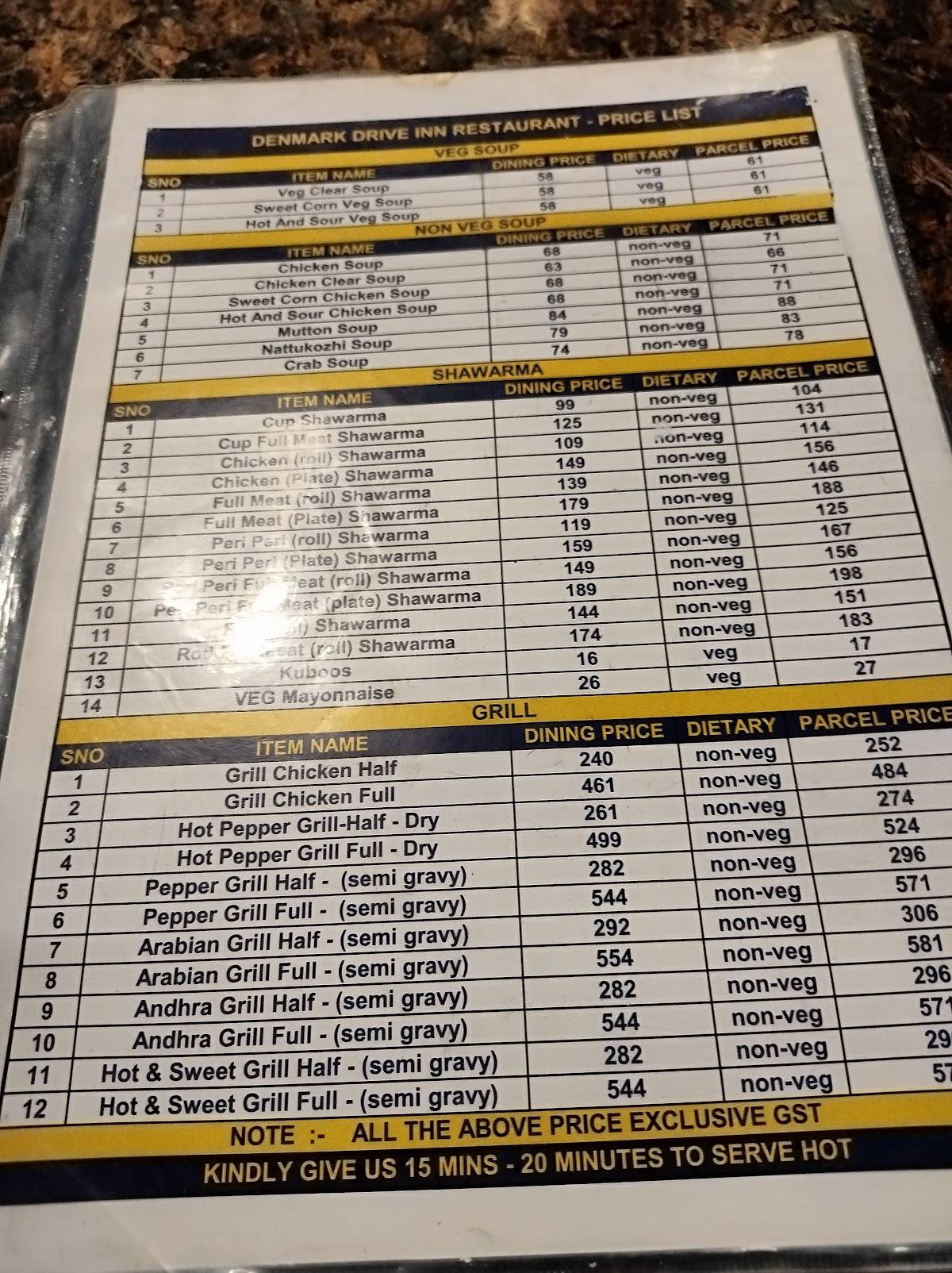 Denmarrk Drive Inn Restaurant (VOC) menu