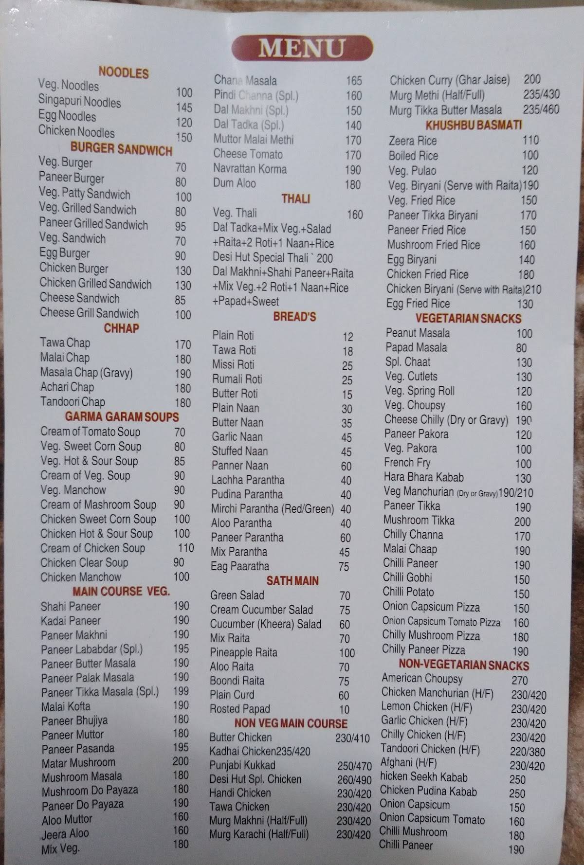 Desi Hut menu