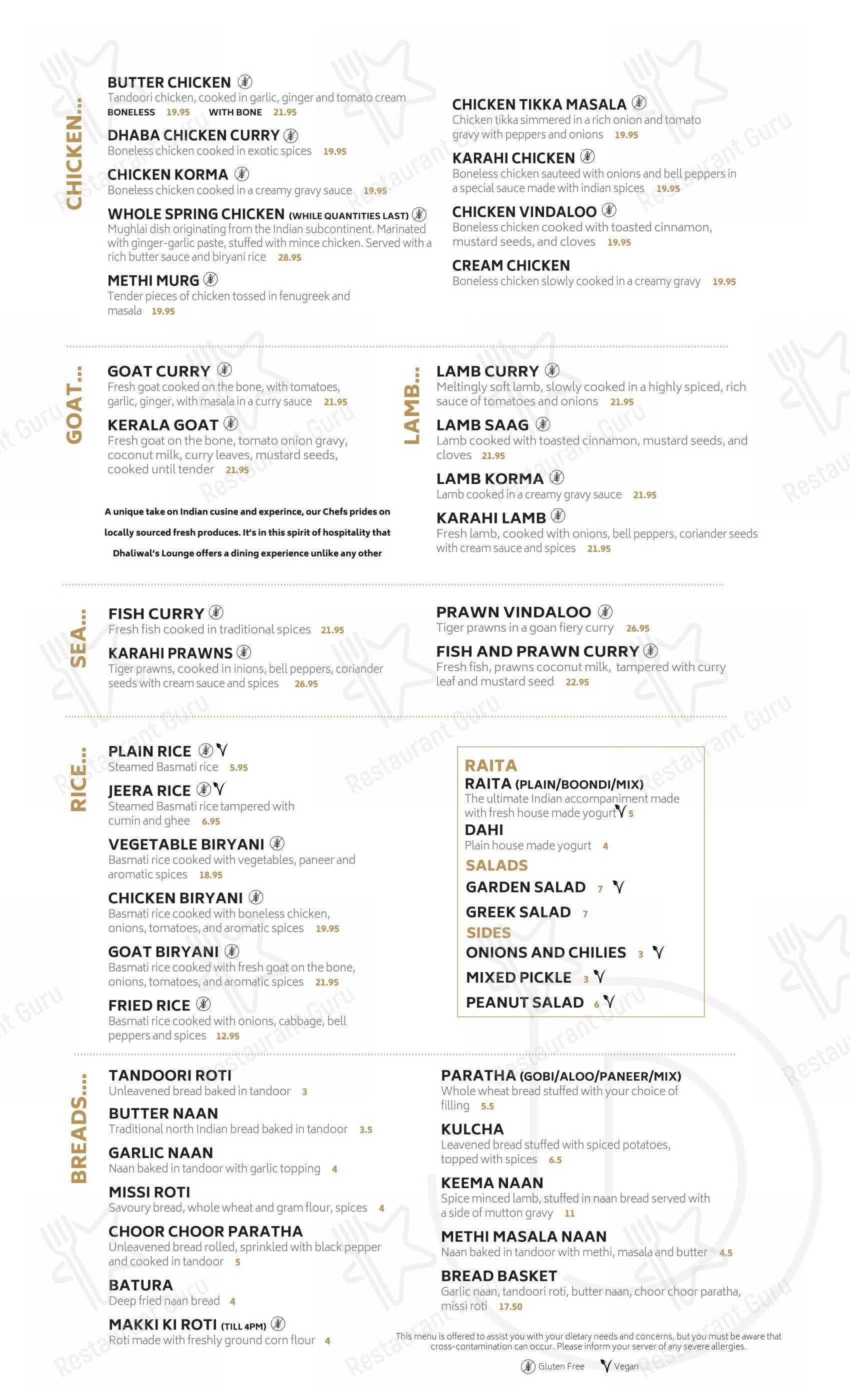 Menu pour Dhaliwal's Lounge dans Surrey