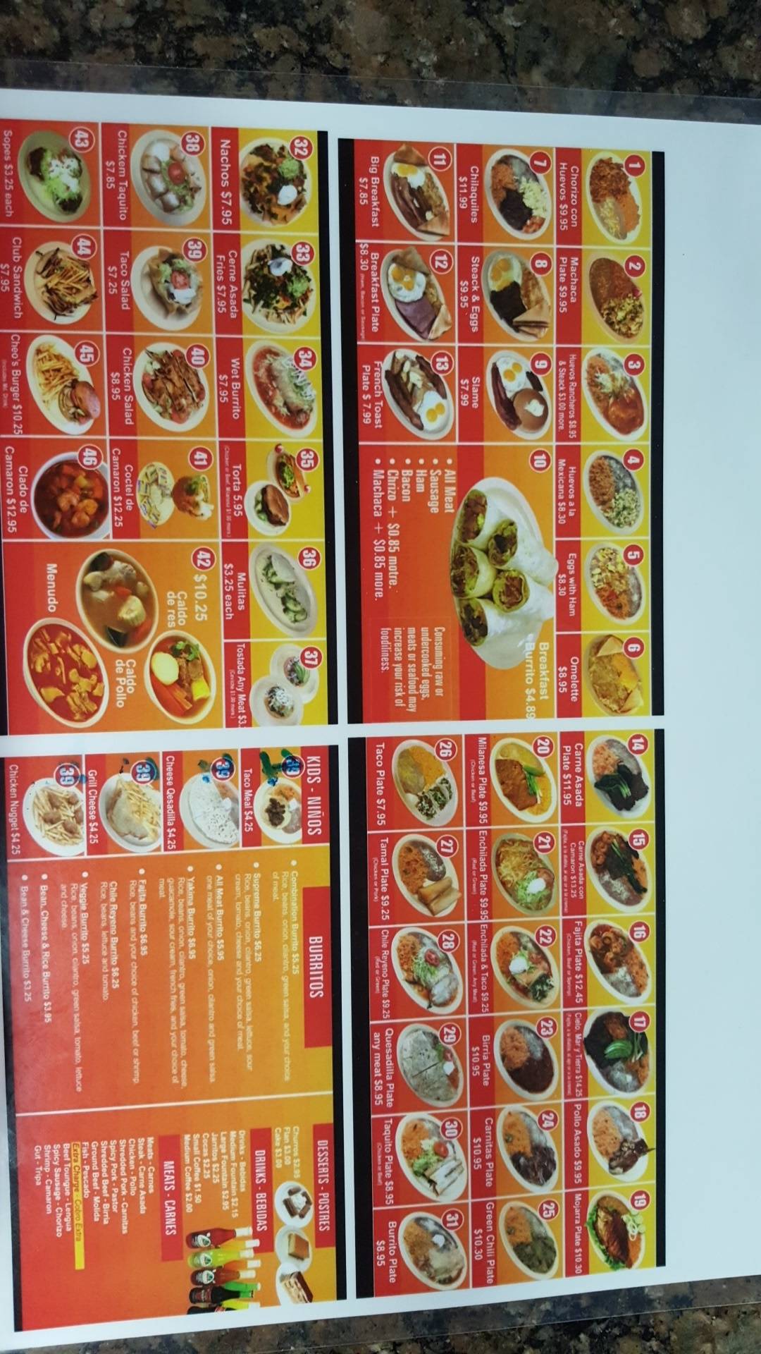 Menu at Don Cheo’s restaurant, Yakima