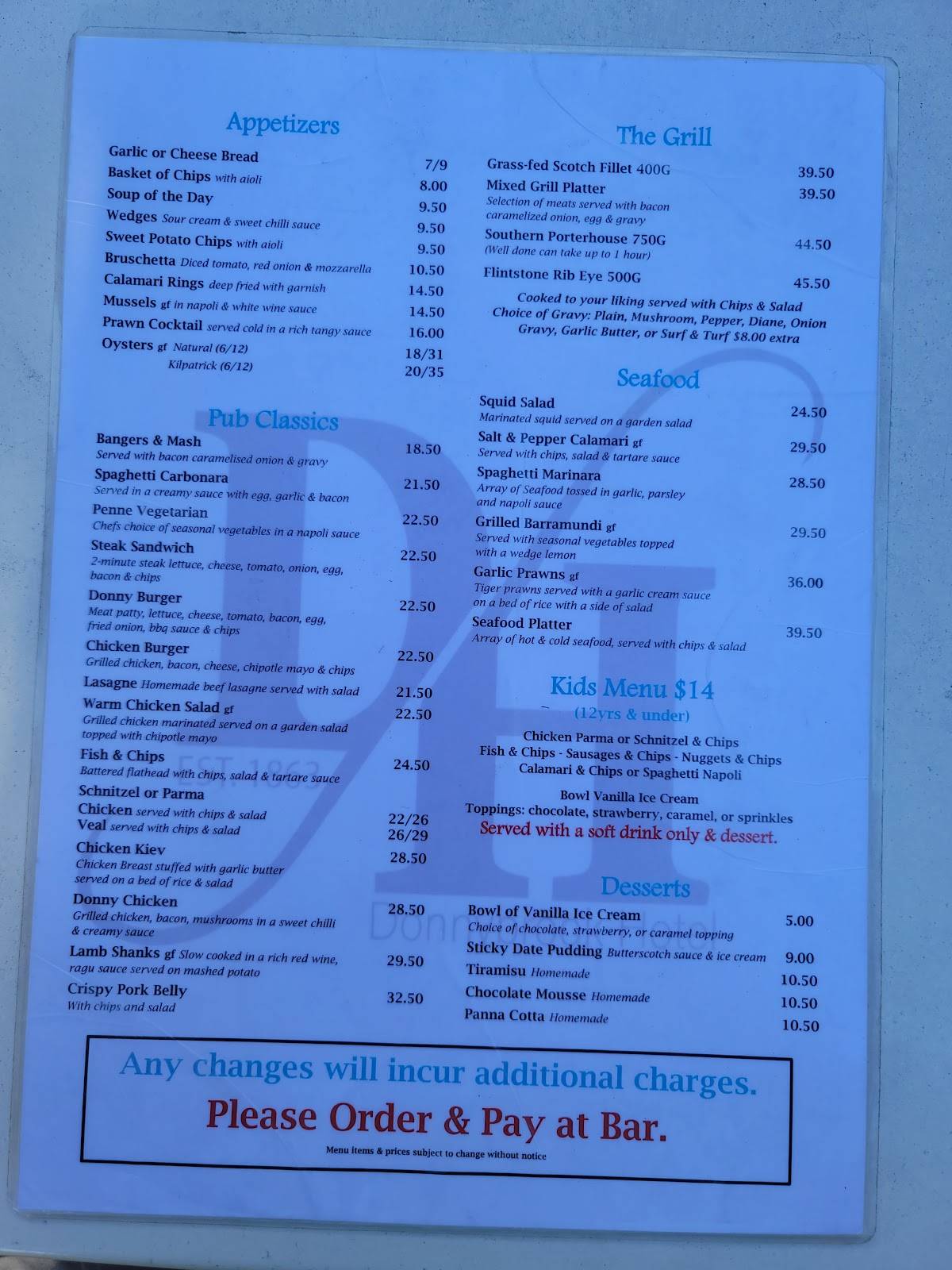 Menu at Donnybrook Hotel pub & bar, Donnybrook