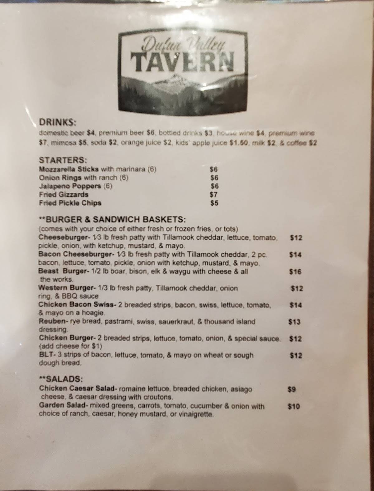 Menu at Dufur Valley Tavern restaurant, Dufur