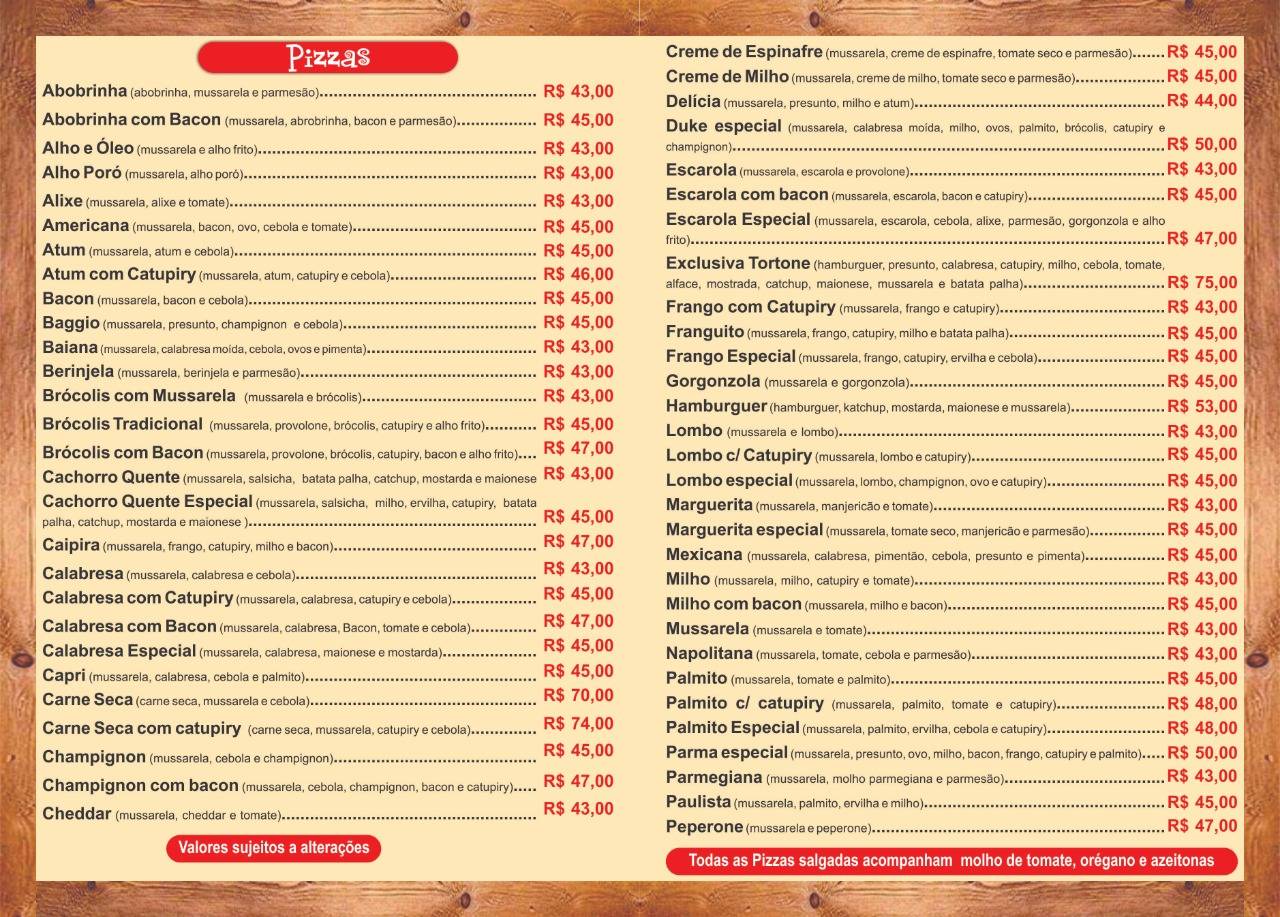 Duke Pizza cardápio