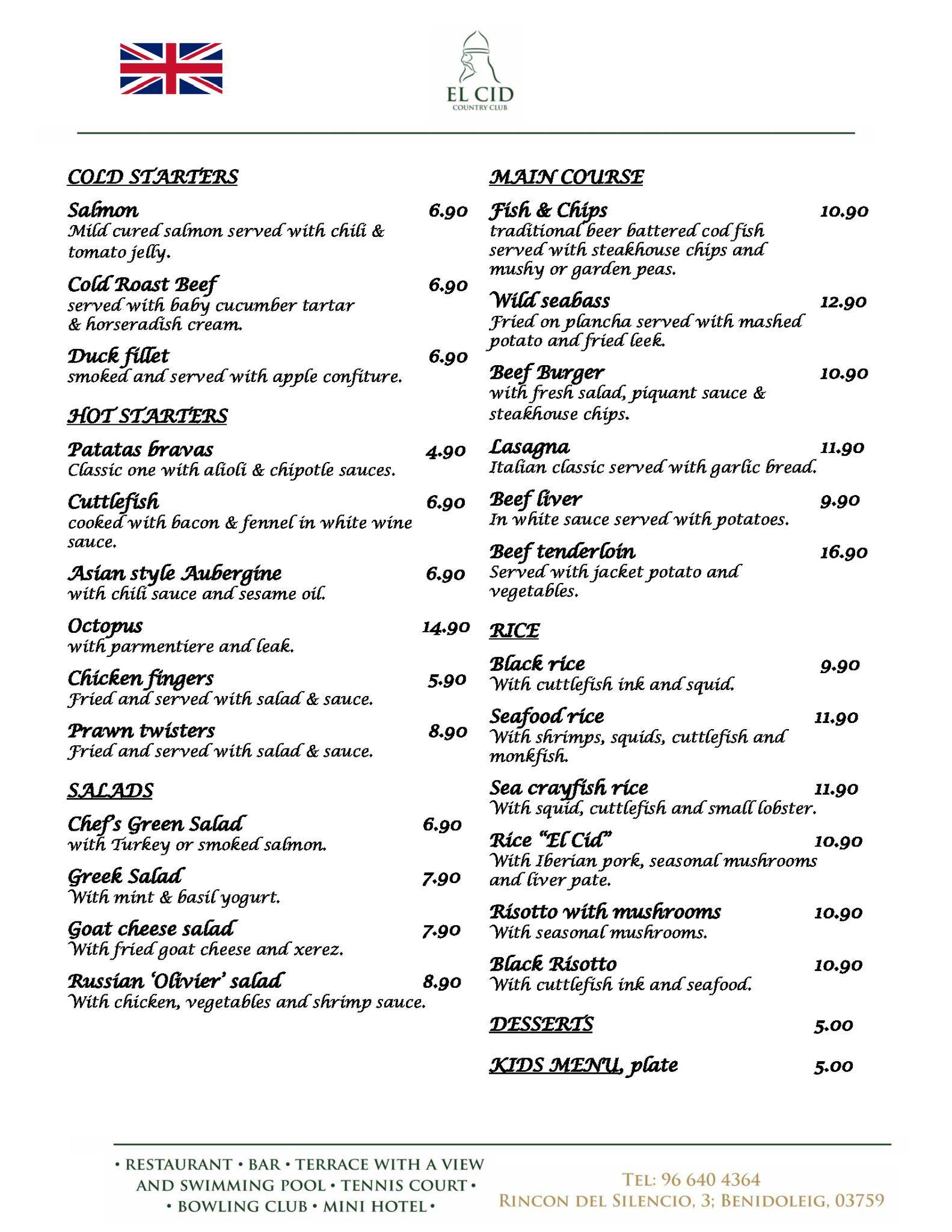 Menu at El Cid pub & bar, Benidoleig