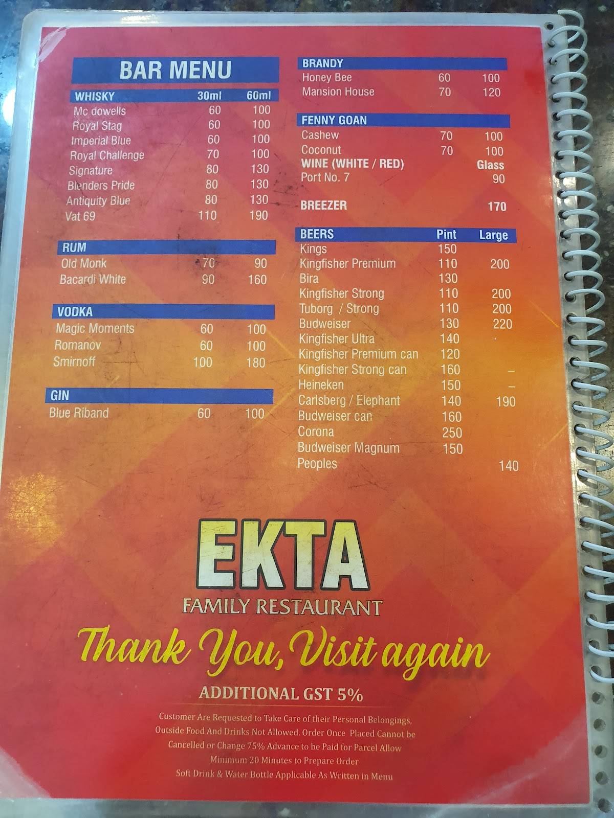 Ekta Pure Veg Family Restaurant menu