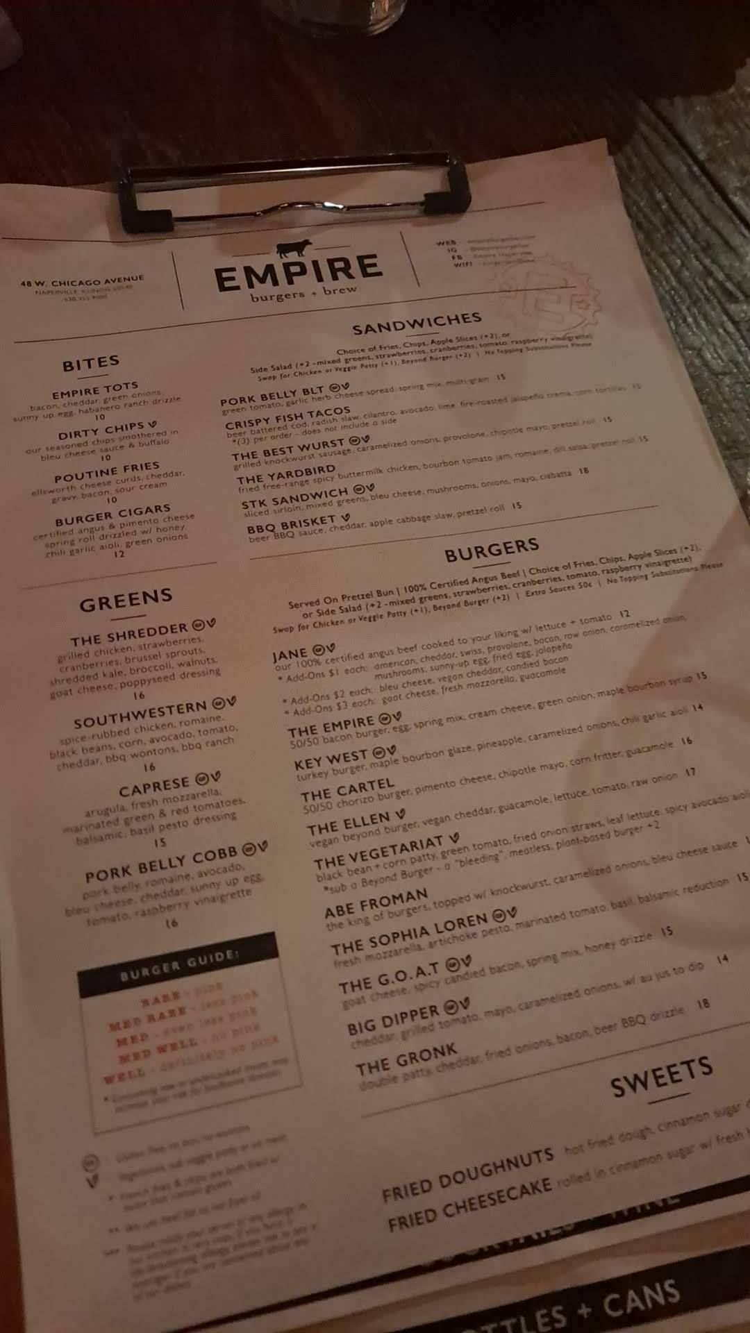 Menu At Empire Burgers Brew Pub And Bar Naperville