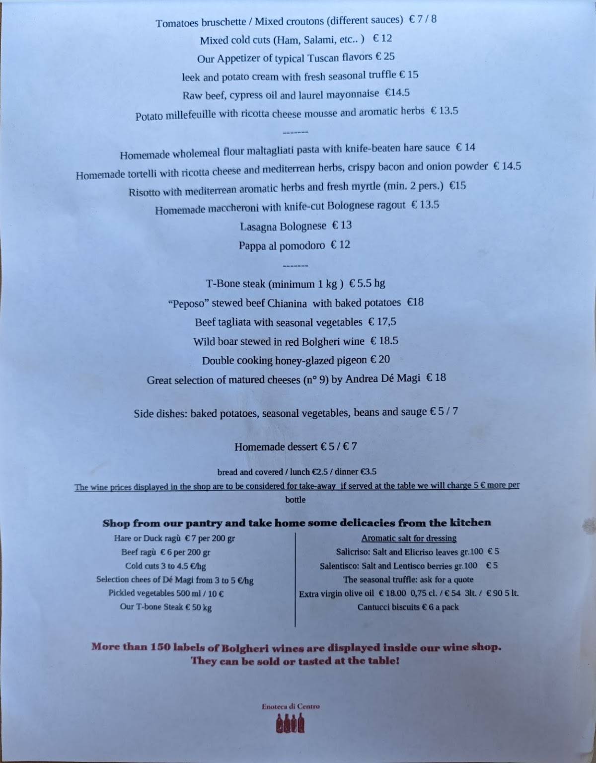 Menu di Enoteca di Centro Di Innocenti Michele 