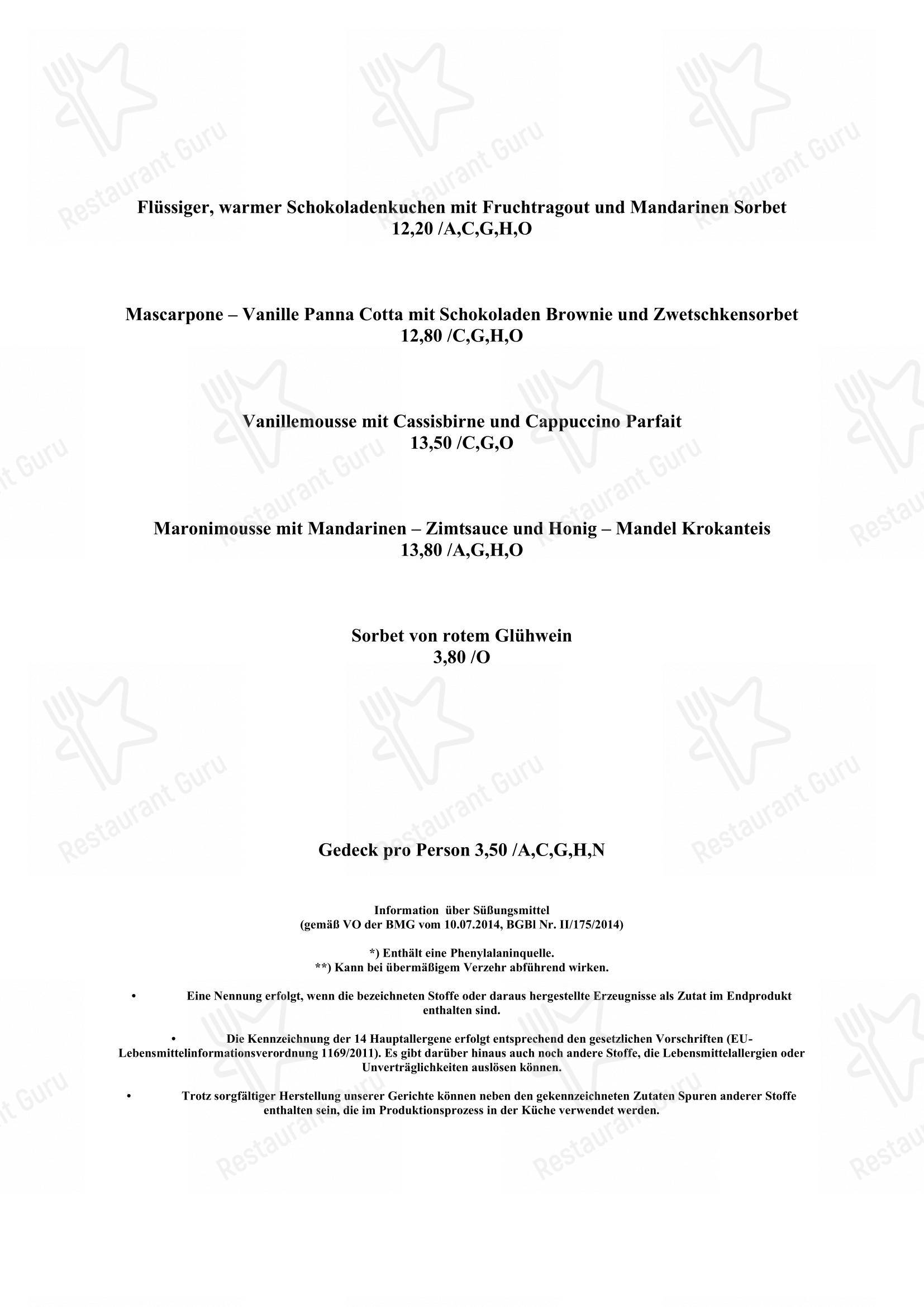 Menu pour Entler Ein Restaurant pub et bar