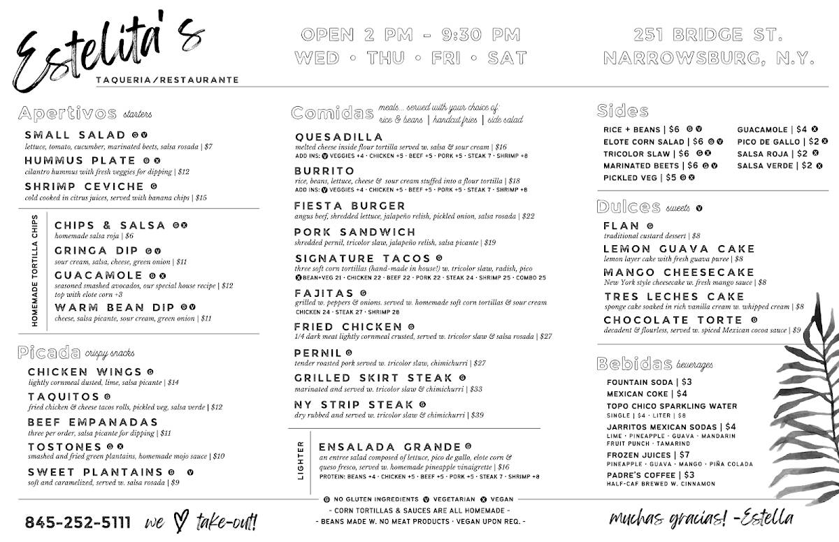 Menu at Estelita's Restaurante, Narrowsburg