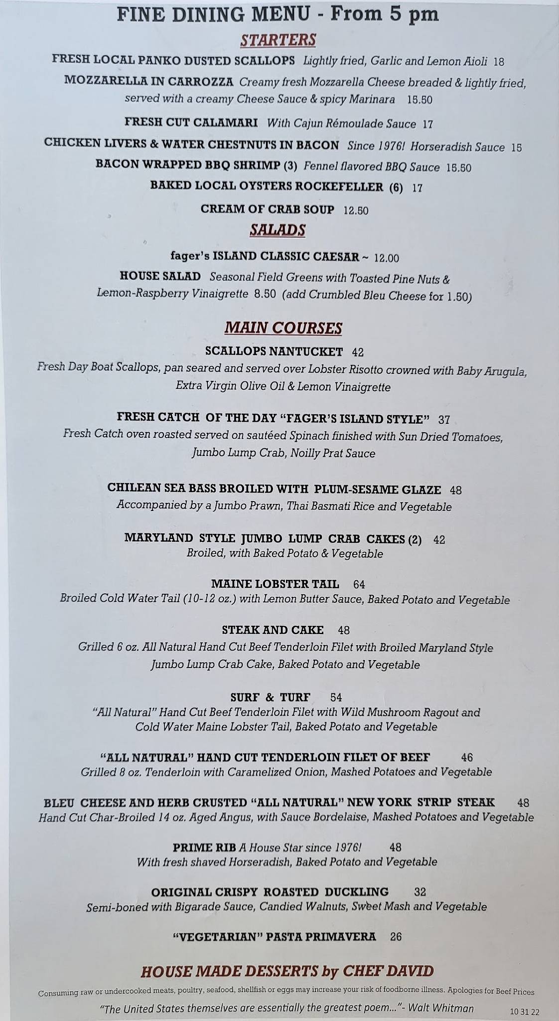 Menu at Fager's Island pub & bar, Ocean City