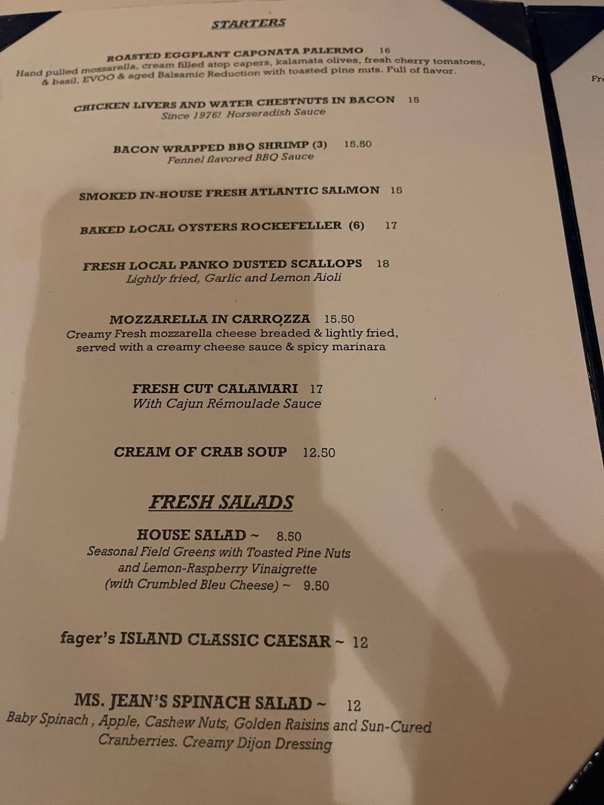 Menu at Fager's Island pub & bar, Ocean City