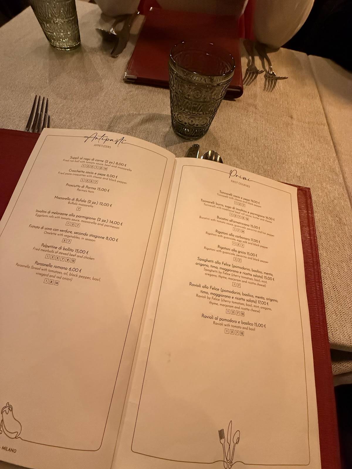 Menu di Felice a Testaccio MILANO 