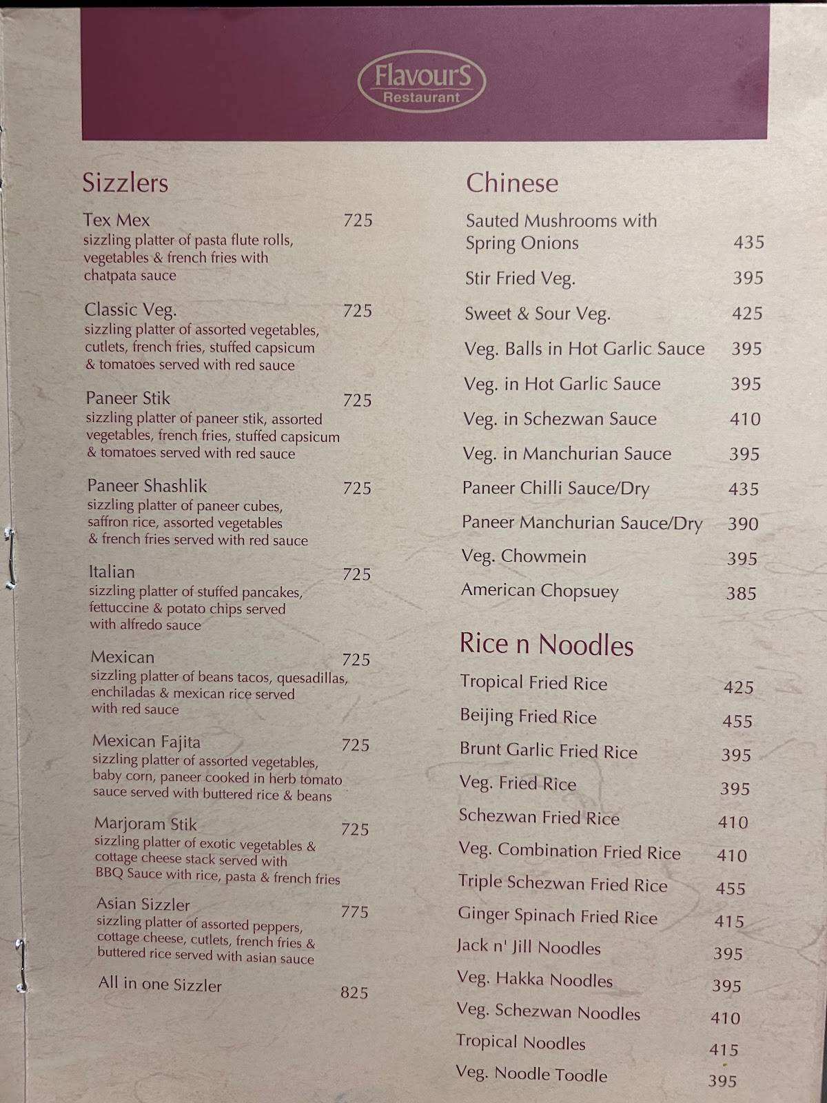 Flavours Restaurant menu