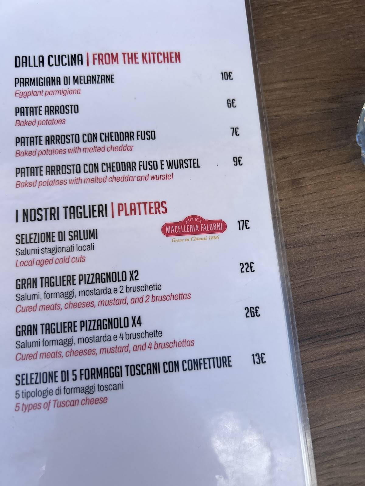 Menu di Pizzagnolo 