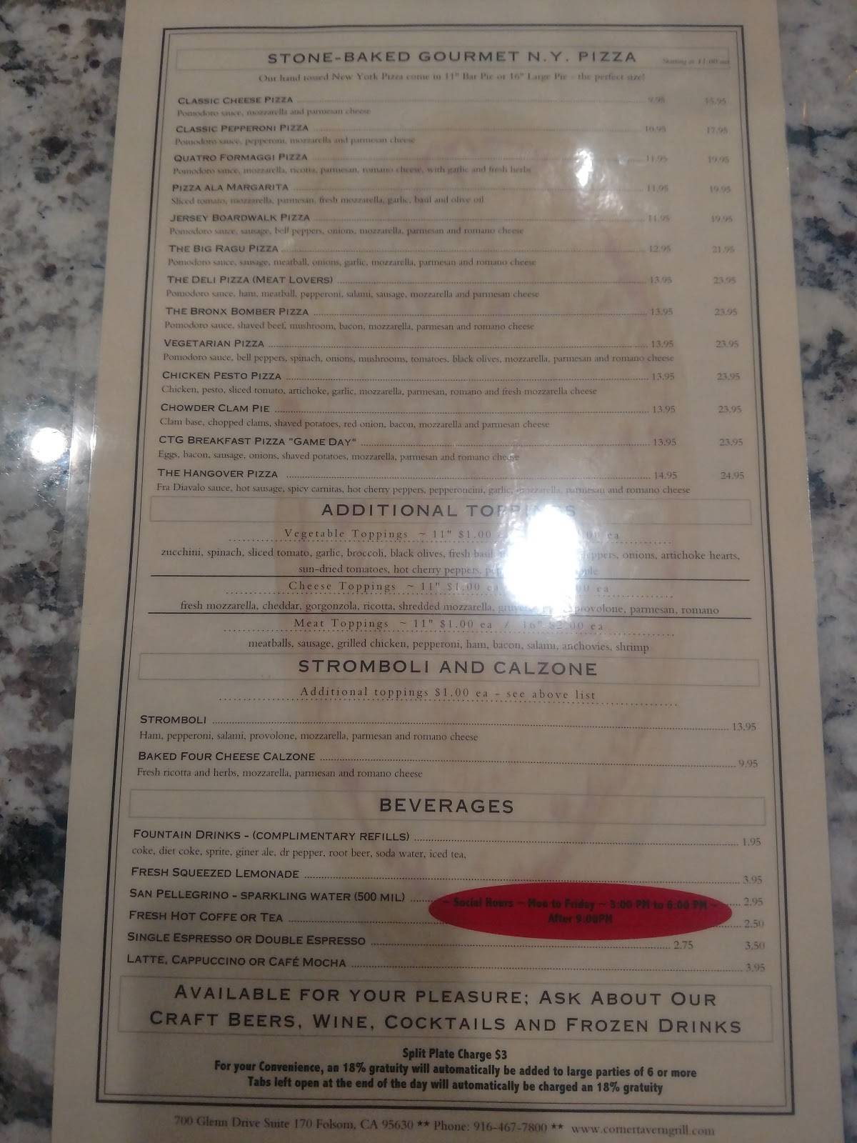 Menu at Corner Tavern & Grill pub & bar, Folsom, 700 Glenn Dr