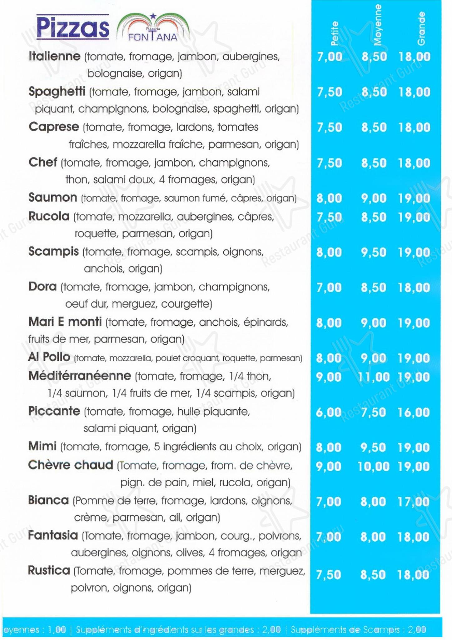 Menu pour La Fontana dans Liège