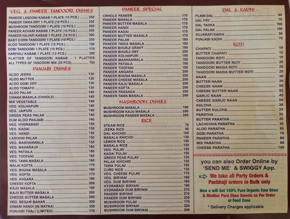Food zone Restaurant menu