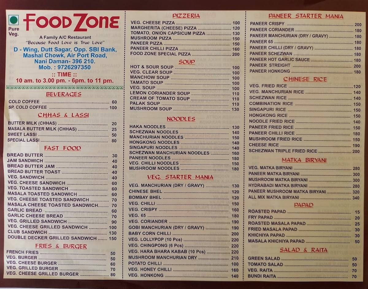 Food zone Restaurant menu
