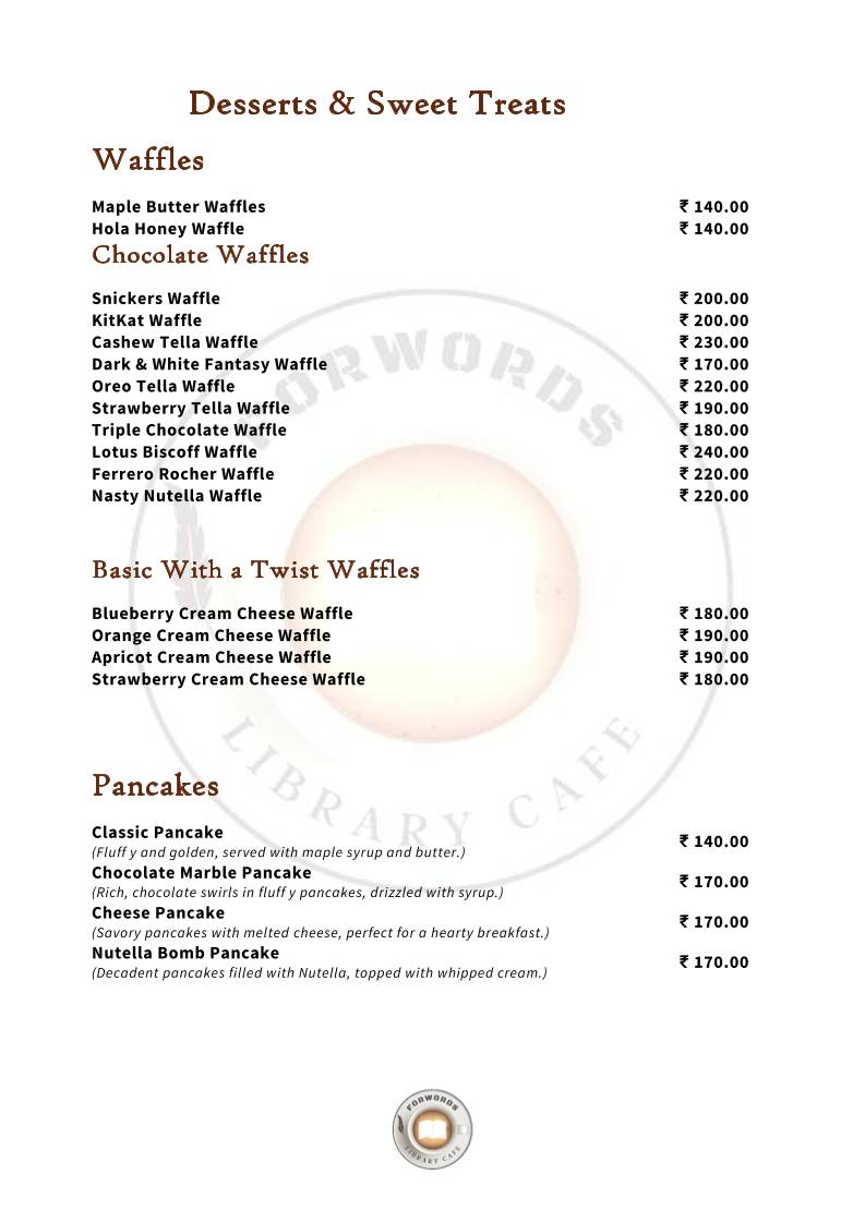 Forwords Library Cafe menu