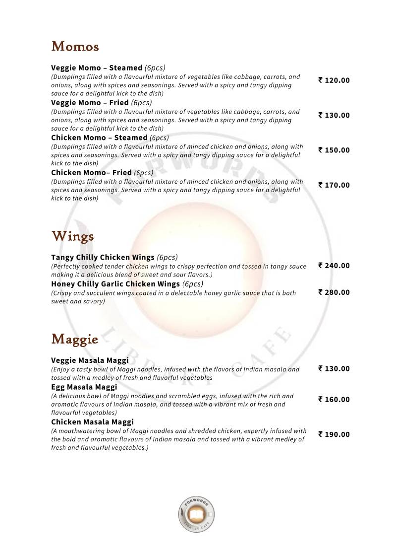 Forwords Library Cafe menu