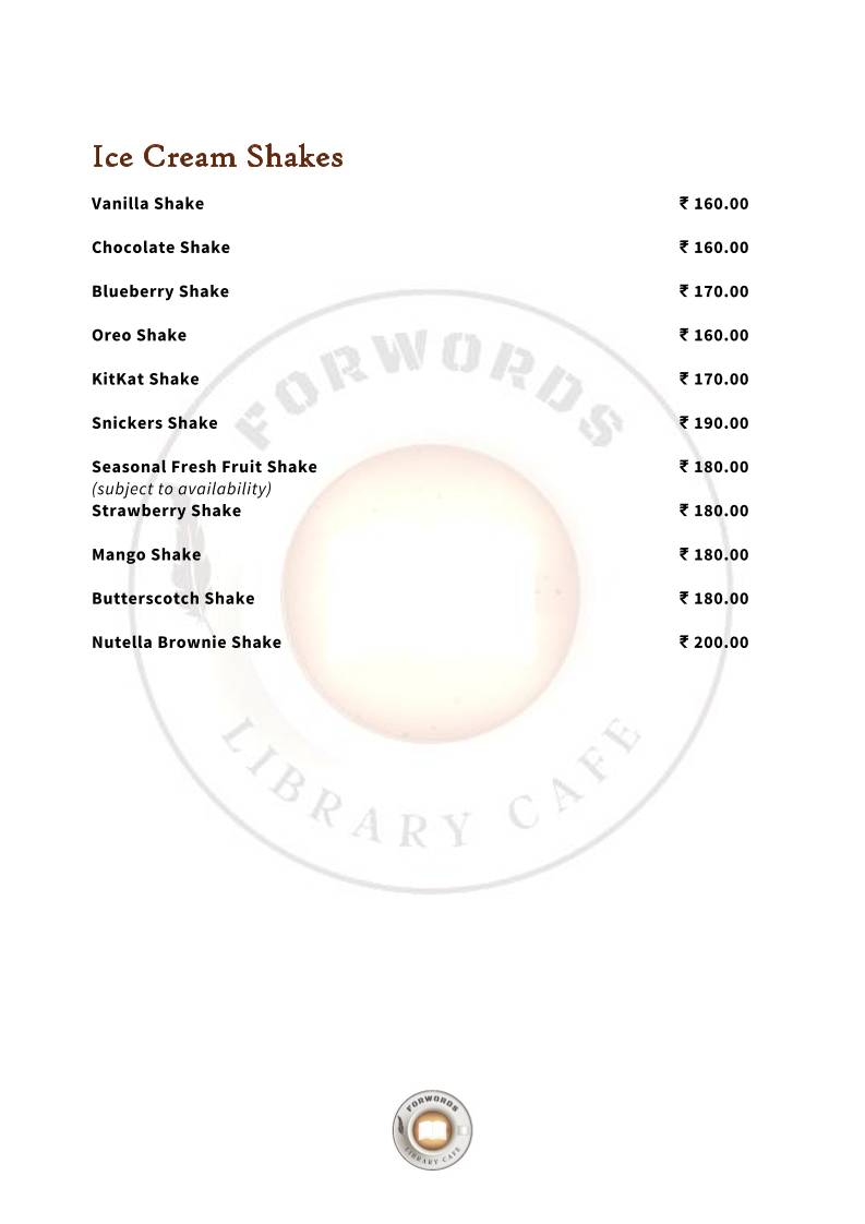 Forwords Library Cafe menu